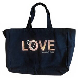 Victoria's Secret Love Sequin Heart Black Canvas Tote Bag Weekender Beach Travel